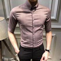 Mid-sleeve shirt mens summer handsome three-quarter sleeve youth slim short-sleeved Korean version of the trend striped shirt mens shirt casual