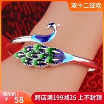 990 Sterling Silver Peacock bracelet cloisonne enamel color Thai silver vintage National Style Female opening personality foot silver jewelry