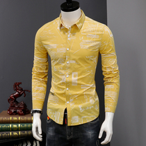 Shirt mens long sleeve Korean version of the trend autumn slim Ruby Handsome print shirt casual Hong Kong style Japanese mens shirt inch