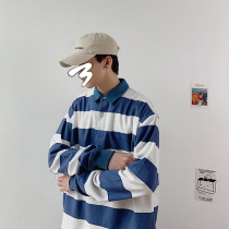 Gangfeng autumn men Korean blue and white denim striped lapel polo shirt loose casual fashion couple long sleeve top