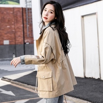 2022 new Korean version drawing rope to collect waist display slim jeans splicing fake two sets of wind clothes women with long jacket spring and autumn