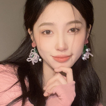 Temperament pink flower crystal beaded bow earrings female summer high-end sense niche all-match earrings net red earrings