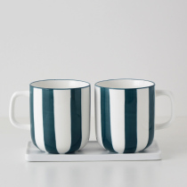 Creative simple hand-painted striped ceramic couple wash mouth cup with handle brush Cup tooth cylinder with tray