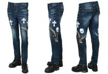 Spot new Korean personality embroidered eagle Harley Indian mens motorcycle riding jeans trousers blue