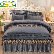 European-style sandwich Crystal velvet bed skirt four-piece warm flannel bedspread thickened quilt cover 1 8m bed coral fleece