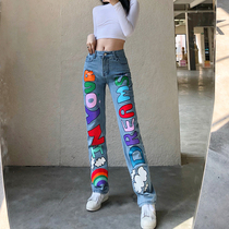 WEEKEEP European and American Wind Color Letters Printed Jeans Woman High Waist Straight Drum Body 100 Lapped Personality Casual Pants