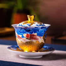 999 True goldhand painted white gold porcelain founder Hunan Province Arts and Crafts Master Xiao Jianhui Three talents cover a bowl of tea cup