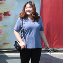Large size womens cotton T-shirt fat mm summer short sleeve loose Belly Belly-covered base shirt top 200 Jin plus fat