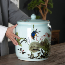 Jingdezhen hand-painted ceramic rice tank rice barrel household 20kg 25kg flour bucket with lid moisture-proof and insect-proof sealing tank