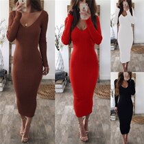 2020 Autumn Winter sexy round neck long sleeve knit dress