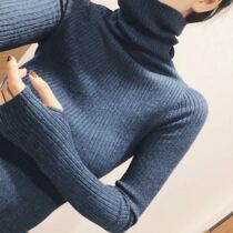 Turtleneck pullover sweater womens 2019 autumn and winter new slim long-sleeved open finger solid color vertical strip base sweater