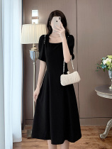 2021 New French bubble sleeve square collar dress women Summer thin Hepburn wind long black skirt