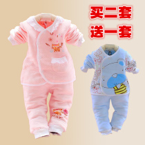 Spring autumn and winter 1 year old baby boy childrens clothing June girl baby warm clothes plus velvet newborn clothes quilted underwear set