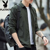 Flower Playboy long sleeve shirt mens clothing spring autumn pure color casual mens lining pure cotton washed and free of hot tide blouses