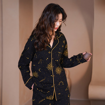 Pure cotton pajamas womens 2021 new spring and summer long-sleeved fashion simple black starry sky home clothes two-piece suit