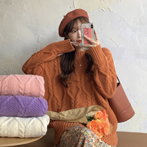 Phase Approximately 2022 Autumn Winter New Garden Collar Sweater Women Purple Day Ensemble Retro Twist Soft Glutinous Stitch Sweatshirt Thickened