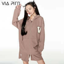 viapitti flocking letter waffle suit American loose sweater shorts women's spring and autumn lazy fashion ins