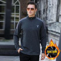 Autumn mens long sleeve T-shirt lapel middle-aged casual loose clothes sweater mens stand collar autumn and winter paragraph plus velvet thickened