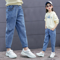 Girls jeans autumn 2021 new fashion dad big Children Spring and Autumn women casual loose long pants