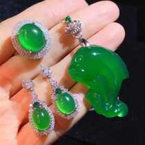 s925 silver inlaid natural ice seed green jade medullary small dolphin pendant egg face ring earbuds emerald green suit gift