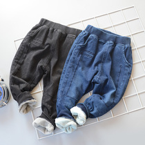 Childrens velvet jeans 2-year-old baby double denim cotton pants warm stretch knitted denim 10-15 degrees