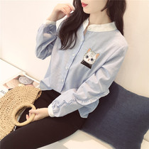 2022 Spring Autumn New Korean Style Contrast Standing Collar Cat Embroidered Long Sleeve Striped Shirt Girl Student Loose Shirt Top