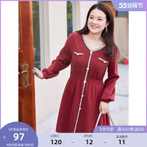 (Clear Cabin RMB120 ) Big Code Womens Clothing Spring Loaded With Fat Mm Sweater Dress Light Extravagant Silk Nails Beads V Collar Red Tandem Dress