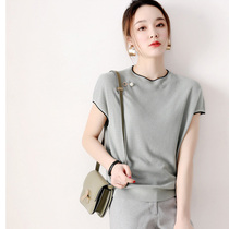 Knitwear womens summer 2020 new pullover thin Korean version thin pearl brooch temperament round neck tencel top