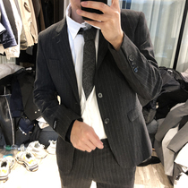 CCJE black blazer mens port wind retro Korean version of the trend loose handsome striped casual suit top