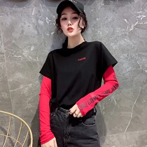 Fake two womens tops 2020 new spring and autumn net red base shirt foreign style all-match ins autumn long-sleeved t-shirt tide
