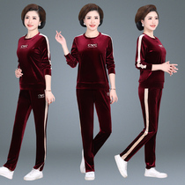 Middle-aged sports suit womens spring and autumn season gold velvet wide wife autumn mother foreign style top fashion two-piece set