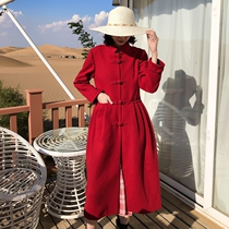 Retro over-knee woolen coat female slim long red coat autumn and winter plus velvet thickened travel clothing warm