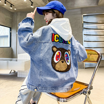 Girl Coats Spring Autumn Money 2022 New Spring Clothing Nets Red Great Boy Tide Clothing Fried Street Trendy Children Denim Blue Blouses