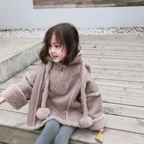 Girls' padded classic fur mono hooded cape baby wool ball hooded lamb wool jacket coat