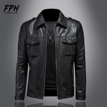 Spring Autumn Tooling Locomotive Real Leather Leather Clothing Men Short of Vegetable Tannic Sheep Leather Leather Jacket Turnover for Hunting Thin and Thin Tide