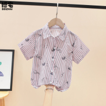 Children striped shirt boy short sleeve summer style pure cotton lining 2022 new foreign air handsome and great boy tide