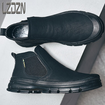 Winter mens shoes No laces casual men High waist leather shoes Two cotton shoes Warm Plus Suede Snowy Boots Hook