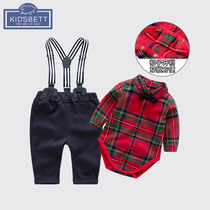Baby spring and autumn boy suit Plaid suit Gentleman bib dress Childrens two-piece set year-old party suit
