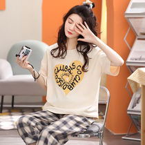 Pajamas women summer 2021 new short sleeve cropped pants cotton pullover ladies pajamas cotton household clothing set