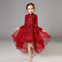 Childrens red dress girls foreign atmosphere princess dress puffy gauze piano performance dress flower girl host walk show winter
