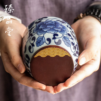 Zhenpintang blue and white ceramic tea jar small sealed can green tea storage tank portable Puer tea box packaging gift box