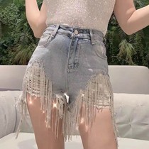 European station 2019 summer new fashion heavy fashion diamond tassel do old broken hole jeans Joker shorts women