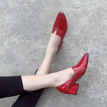 Single shoes womens spring and autumn new leather Korean version pointed toe red small leather shoes thick heel four seasons shoes scoop shoes womens shoes