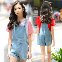 Girls denim straps conjoined children's condole straps 10 middle school children 9 summer 8 little girl 12-year-old foreign style loose shorts