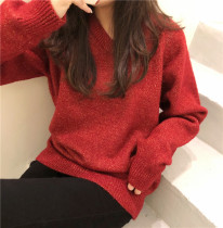 New year cherries bright silk red sweater women loose wear 2021 New Flash silk pullover knitted top