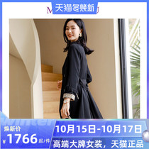 Black dug windbreaker female mid-length 2021 new solid color suit collar coat high-end atmospheric coat