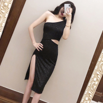 Bar womens 2021 summer new sexy oblique shoulder open waist shiny irregular high split hip dress dress