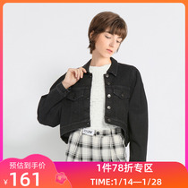 LILY spring new womens clothing BM style asymmetric truncated puff sleeve black denim short jacket