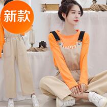 w2019 new back with pants schoolgirls Han version loose casual High waist straight drum wide leg one-piece hanging band pants overalls