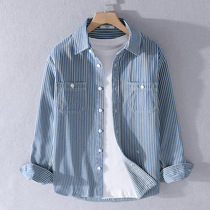 Day Ensemble Stripe Long Sleeve Shirt Man Superior Blue Lining Outwear Trendy Blouse Pure Cotton Fall Tooling Jacket